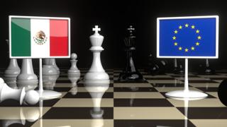 Mexico National Flag, Flags placed on a chessboard with the EU flag in the background