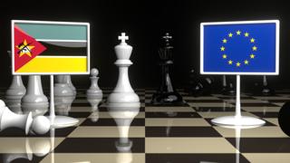 Mozambique National Flag, Flags placed on a chessboard with the EU flag in the background