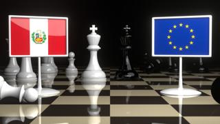 Peru National Flag, Flags placed on a chessboard with the EU flag in the background