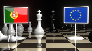 Portugal National Flag, Flags placed on a chessboard with the EU flag in the background