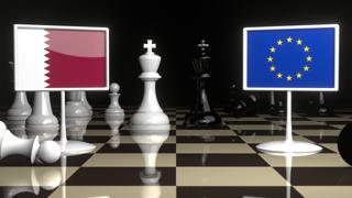 Qatar National Flag, Flags placed on a chessboard with the EU flag in the background