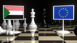 Republic-of-Sudan National Flag, Flags placed on a chessboard with the EU flag in the background