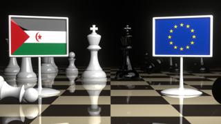 Saharan-Arab-Democratic-Republic National Flag, Flags placed on a chessboard with the EU flag in the background