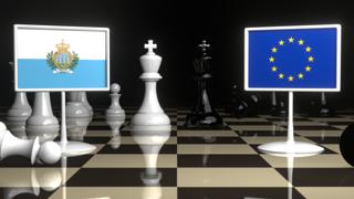 San-Marino National Flag, Flags placed on a chessboard with the EU flag in the background