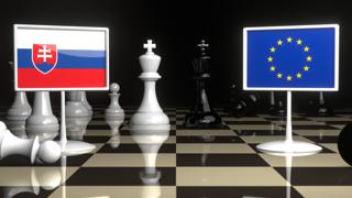 Slovakia National Flag, Flags placed on a chessboard with the EU flag in the background