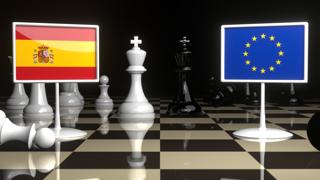 スペイン国旗, EU旗を背景としてチェス盤に置かれた旗