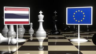 Thailand National Flag, Flags placed on a chessboard with the EU flag in the background