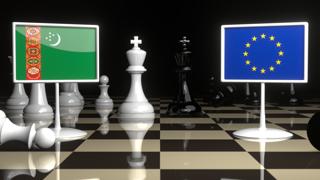 Turkmenistan National Flag, Flags placed on a chessboard with the EU flag in the background