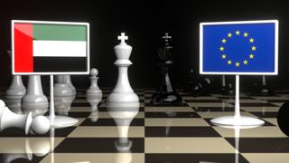 United-Arab-Emirates National Flag, Flags placed on a chessboard with the EU flag in the background