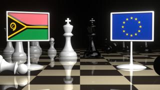 Vanuatu National Flag, Flags placed on a chessboard with the EU flag in the background