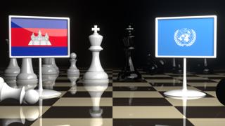 Cambodia National Flag, Flags placed on a chessboard with the UN flag in the background