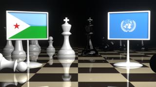 Djibouti National Flag, Flags placed on a chessboard with the UN flag in the background