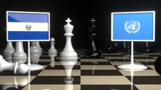 El-Salvador National Flag, Flags placed on a chessboard with the UN flag in the background