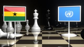 Ghana National Flag, Flags placed on a chessboard with the UN flag in the background