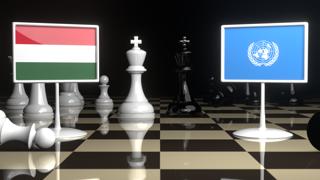 Hungary National Flag, Flags placed on a chessboard with the UN flag in the background