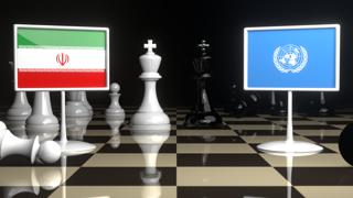 Iran National Flag, Flags placed on a chessboard with the UN flag in the background