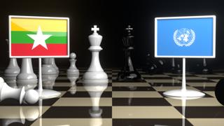 Myanmar National Flag, Flags placed on a chessboard with the UN flag in the background