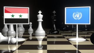 Syria National Flag, Flags placed on a chessboard with the UN flag in the background