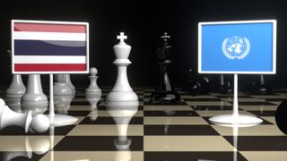 Thailand National Flag, Flags placed on a chessboard with the UN flag in the background