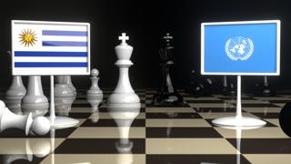 Uruguay National Flag, Flags placed on a chessboard with the UN flag in the background