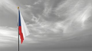 Czech National Flag, The national flag and flagpole visible from afar against a black and white sky background