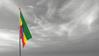 Ethiopia National Flag, The national flag and flagpole visible from afar against a black and white sky background