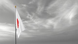 Japan National Flag, The national flag and flagpole visible from afar against a black and white sky background