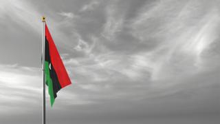 Libya National Flag, The national flag and flagpole visible from afar against a black and white sky background