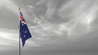 New-Zealand National Flag, The national flag and flagpole visible from afar against a black and white sky background