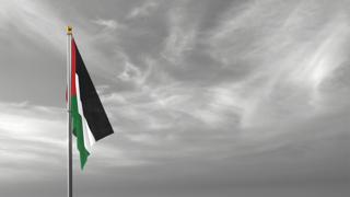 Palestine National Flag, The national flag and flagpole visible from afar against a black and white sky background