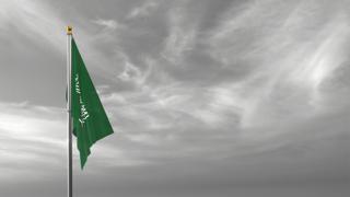 Saudi-Arabia National Flag, The national flag and flagpole visible from afar against a black and white sky background