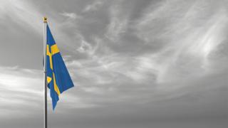 Sweden National Flag, The national flag and flagpole visible from afar against a black and white sky background