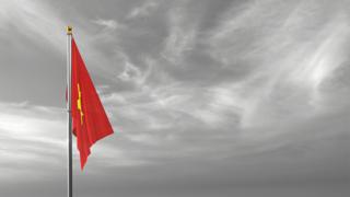 Vietnam National Flag, The national flag and flagpole visible from afar against a black and white sky background