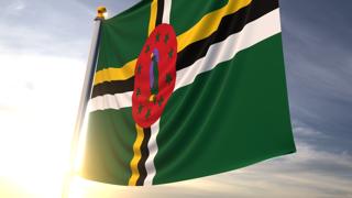 Commonwealth-of-Dominica National Flag, A fluttering flag and flagpole seen up close against a dark blue sky