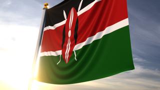 Kenya National Flag, A fluttering flag and flagpole seen up close against a dark blue sky