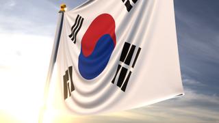 Korea National Flag, A fluttering flag and flagpole seen up close against a dark blue sky