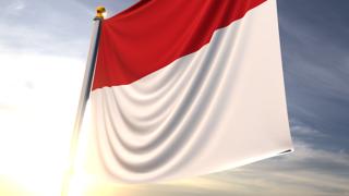 Monaco National Flag, A fluttering flag and flagpole seen up close against a dark blue sky