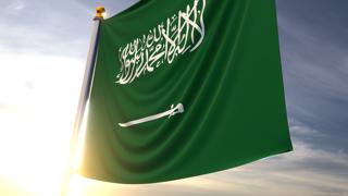 Saudi-Arabia National Flag, A fluttering flag and flagpole seen up close against a dark blue sky