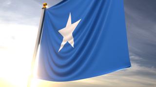 Somalia National Flag, A fluttering flag and flagpole seen up close against a dark blue sky