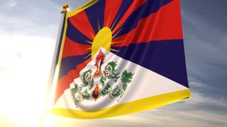 Tibet National Flag, A fluttering flag and flagpole seen up close against a dark blue sky