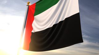 United-Arab-Emirates National Flag, A fluttering flag and flagpole seen up close against a dark blue sky