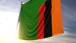 Zambia National Flag, A fluttering flag and flagpole seen up close against a dark blue sky