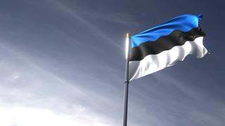 Estonia National Flag, The national flag and flagpole looking up against a dark blue sky