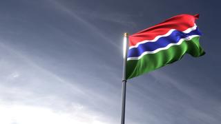 Gambia National Flag, The national flag and flagpole looking up against a dark blue sky