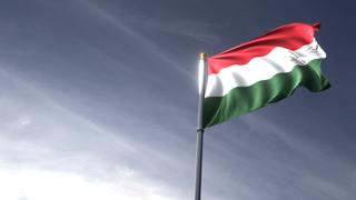 Hungary National Flag, The national flag and flagpole looking up against a dark blue sky