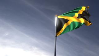 Jamaica National Flag, The national flag and flagpole looking up against a dark blue sky