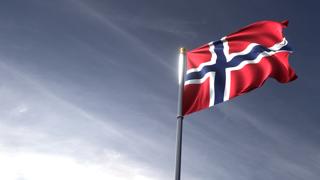 Norway National Flag, The national flag and flagpole looking up against a dark blue sky