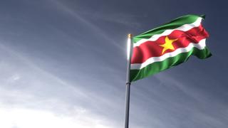 Suriname National Flag, The national flag and flagpole looking up against a dark blue sky