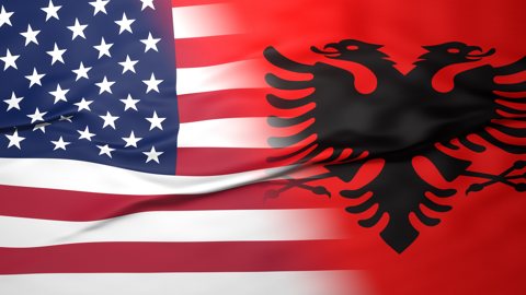 Albania National Flag, American flag, flag splitting the screen in halff