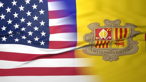 Andorra National Flag, American flag, flag splitting the screen in halff